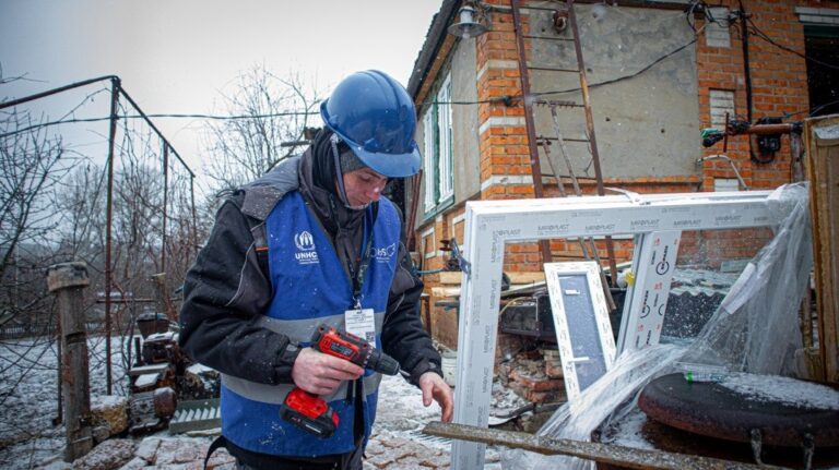 Since January 2024, a pilot project of UNHCR and NGO partner “Angels of Salvation”, called “Workshop on Wheels”, has been operating in war-affected areas of Kharkiv region. The project includes five mobile teams of skilled workers equipped with a range of tools. They help families who have received construction materials to repair their war-damaged homes but do not have the necessary tools or skills to complete the repairs. 

The mobile teams provide support to people who want to repair their homes on their own, as well as help vulnerable people displace windows and doors.